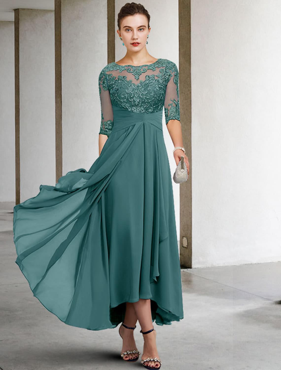 Mother of the Bride Dress Plus Size Elegant Asymmetrical Ankle Length Half Sleeve Beading Appliques