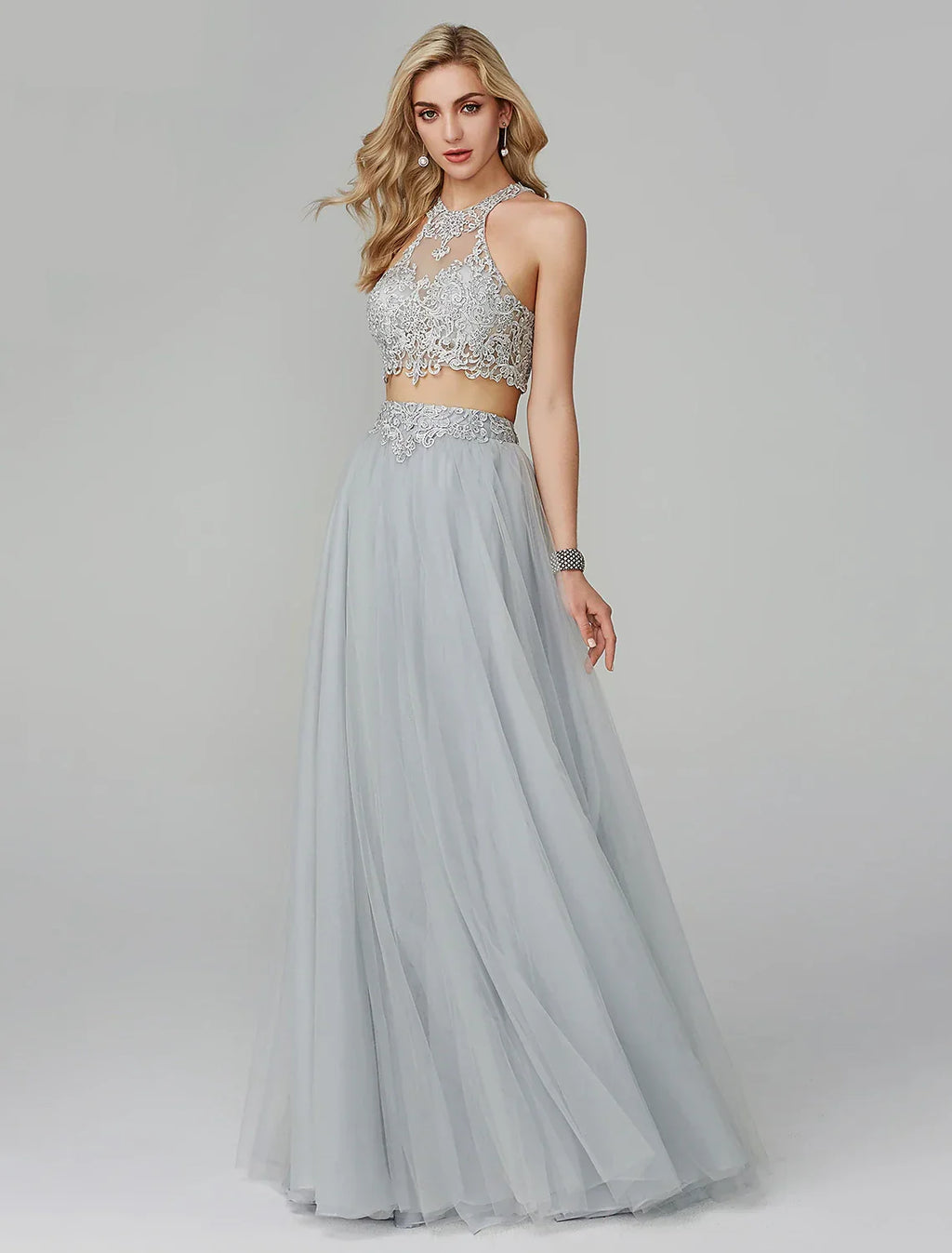 Two Piece Empire Prom Formal Evening Dress Halter Neck Sleeveless Floor Length with Appliques