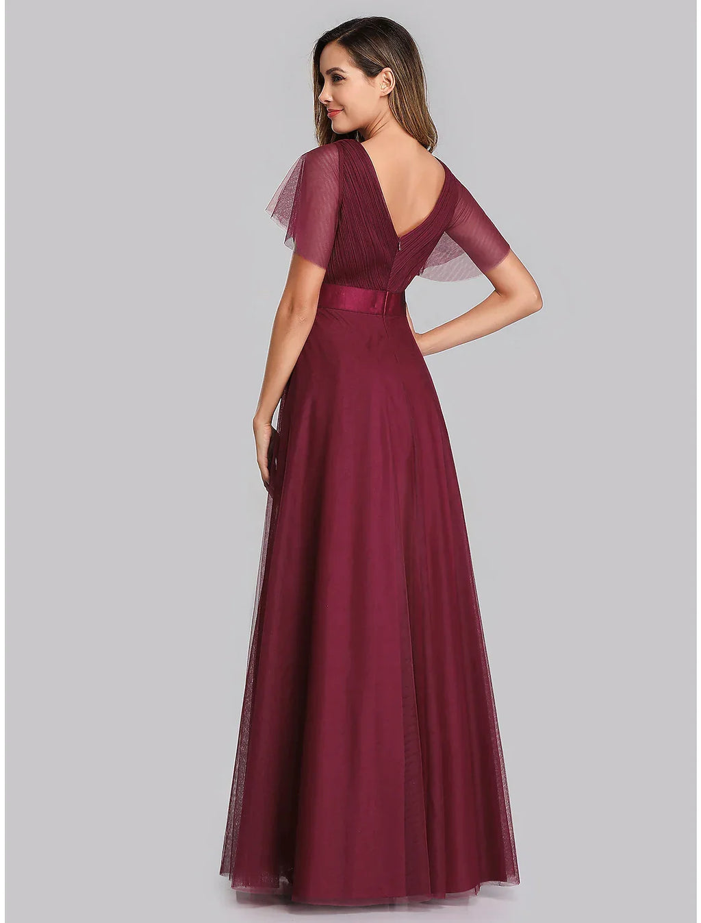 Graduation Floor Length Short Sleeve V Neck V Back with Ruched Ruffles