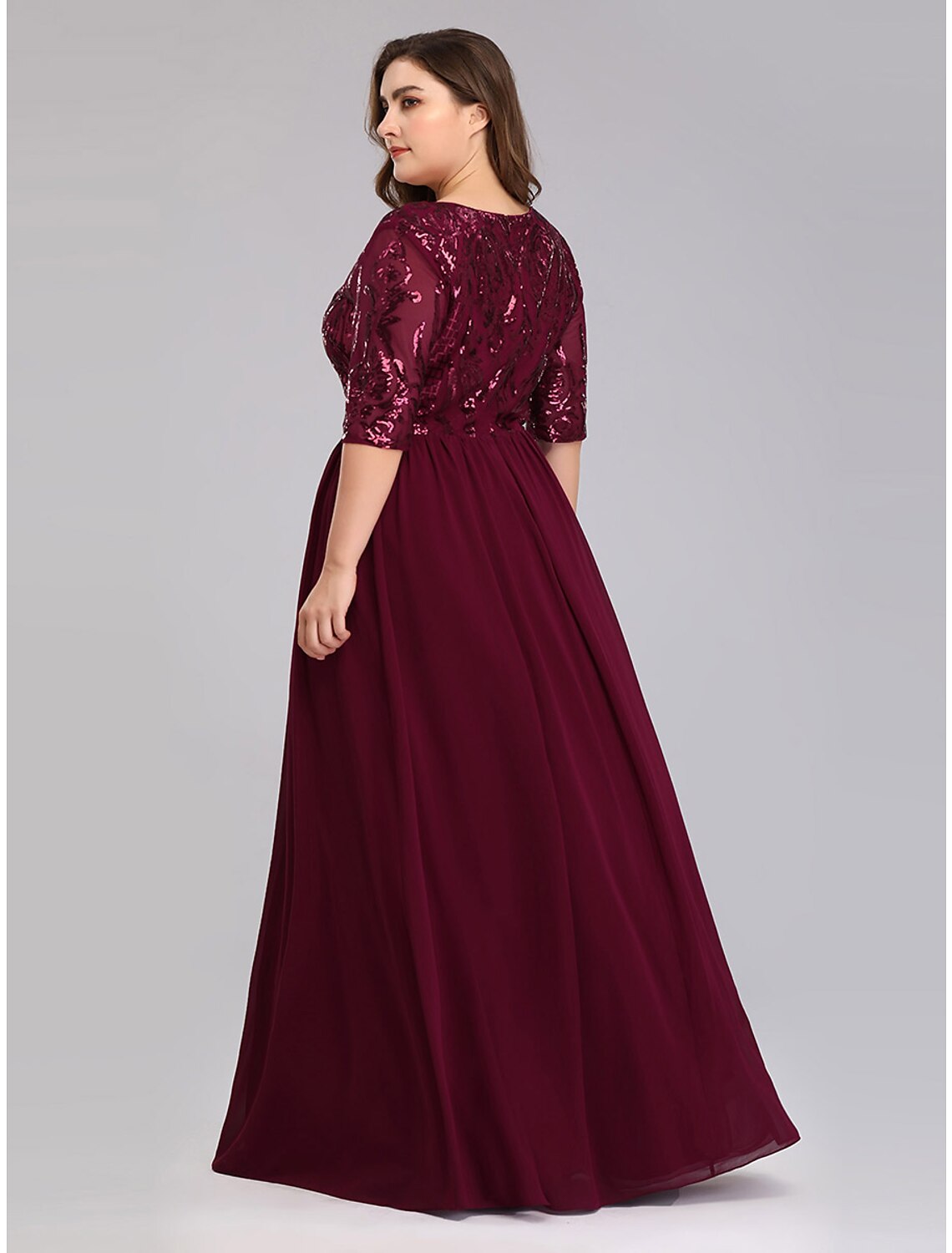 Plus Size Dress Wedding Guest Floor Length Half Sleeve Plunging Neck