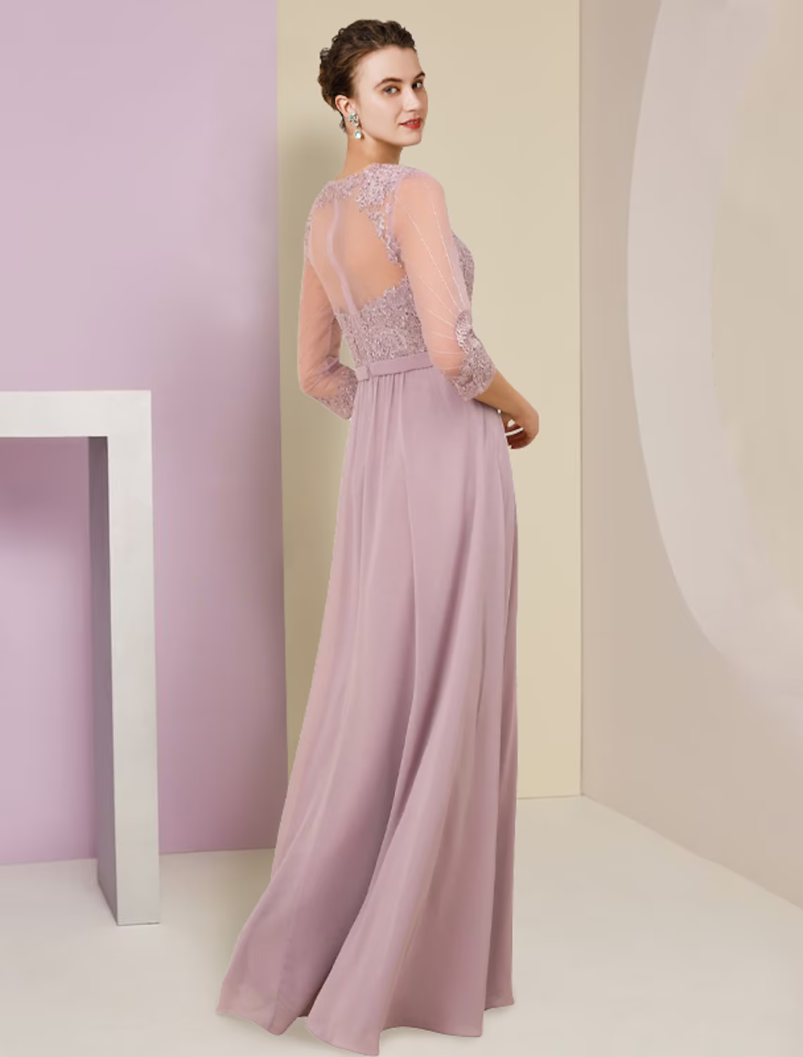 Mother of the Bride Dress Formal Wedding Guest Elegant V Neck Floor Length Sleeve with Pleats Appliques