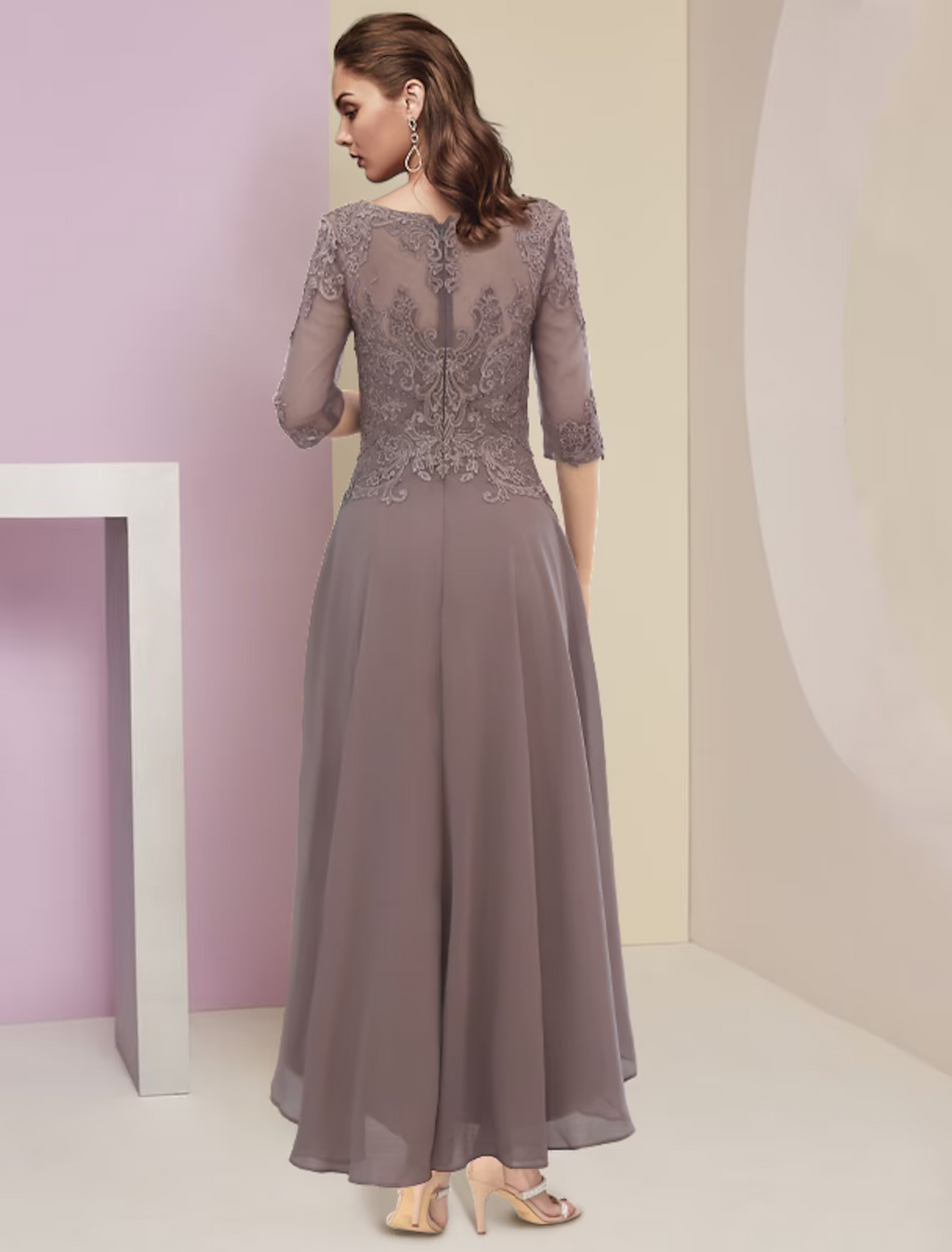 Two Piece A-Line Mother of the Bride Dress Formal Wedding Guest Party Elegant Scoop Neck Asymmetrical Sleeve Wrap Included with Beading Appliques