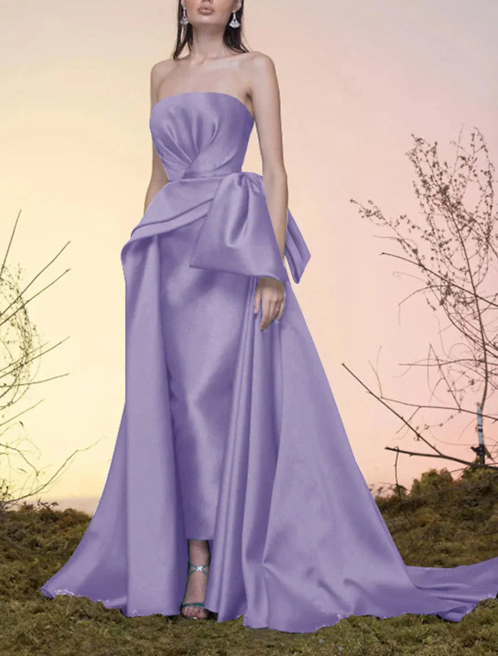 Celebrity Style Elegant Vintage Wedding Guest Prom Dress Strapless Sleeveless Court Train with Bow(s) Overskirt