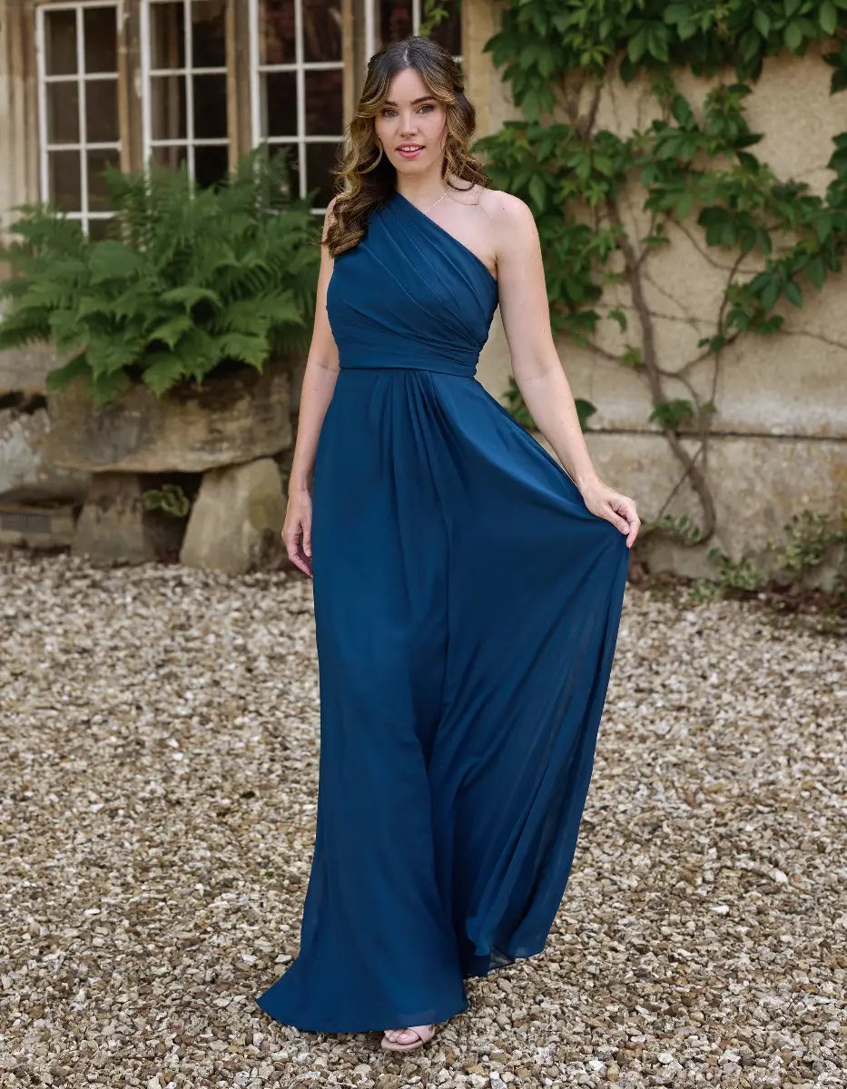 this elegant one-shoulder draped dress is cool & contemporary