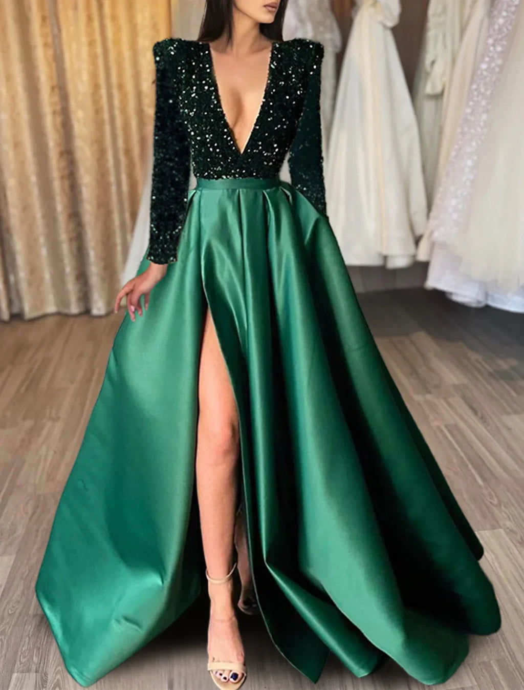 Black Evening Gown Christmas Red Green Dress Formal Dress Plus Size Wedding Court Train Half Sleeve V Neck with Slit