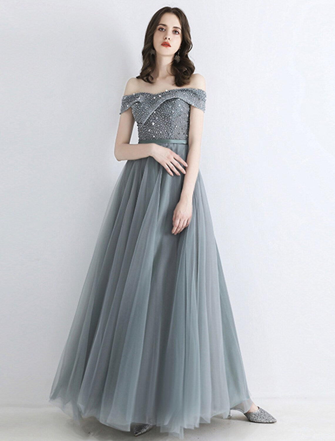 Engagement Floor Length Short Sleeve off Shoulder Sash Ribbon Beading