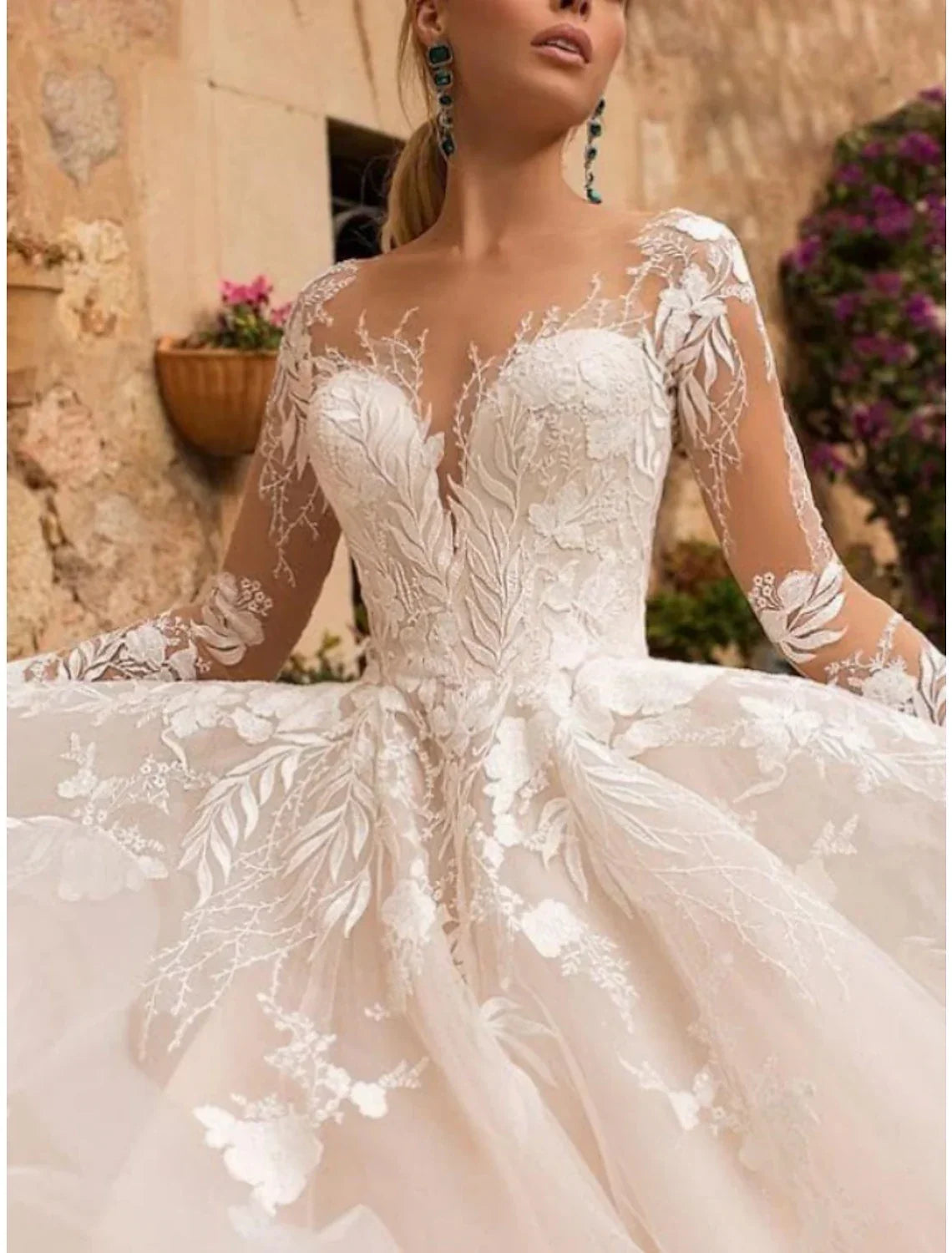Formal Wedding Dresses A-Line V Neck Long Sleeve Court Train Bridal Gowns With Pleats Appliques
