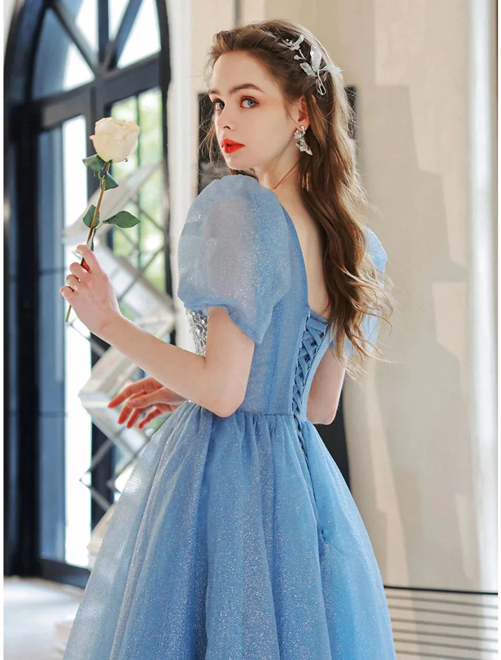 Ball Gown A-Line Evening Gown Floral Dress Prom Floor Length Short Sleeve V Neck with Glitter Beading