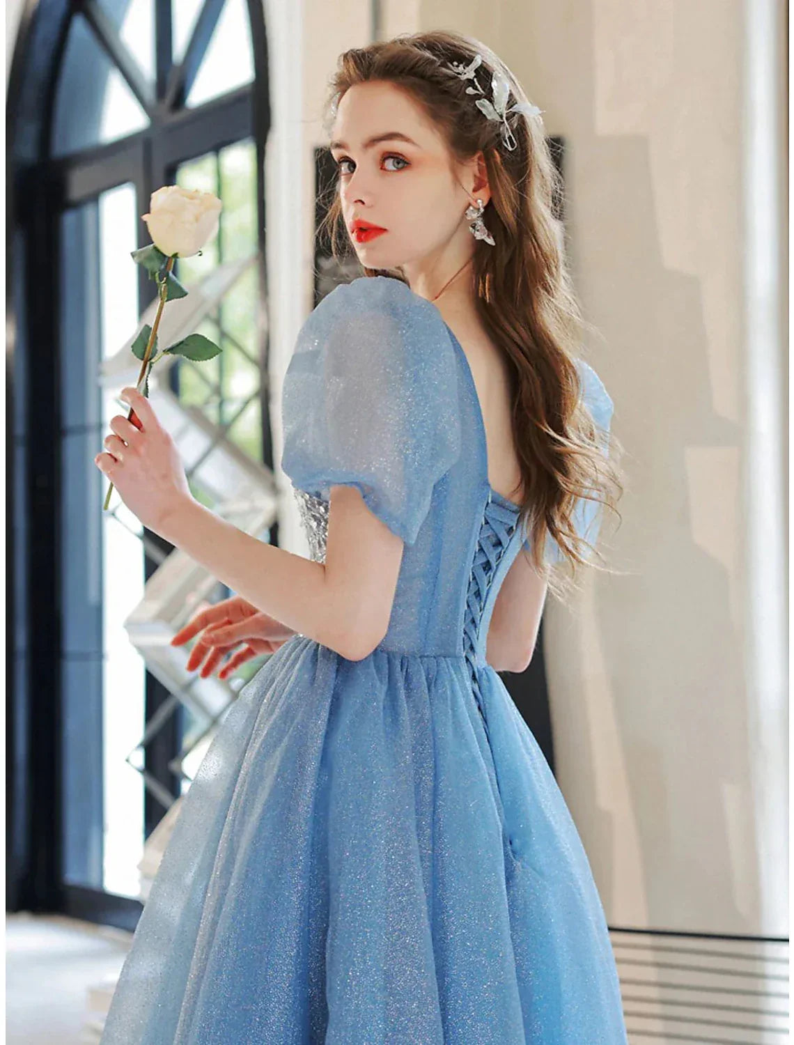 Ball Gown A-Line Evening Gown Floral Dress Prom Floor Length Short Sleeve V Neck with Glitter Beading