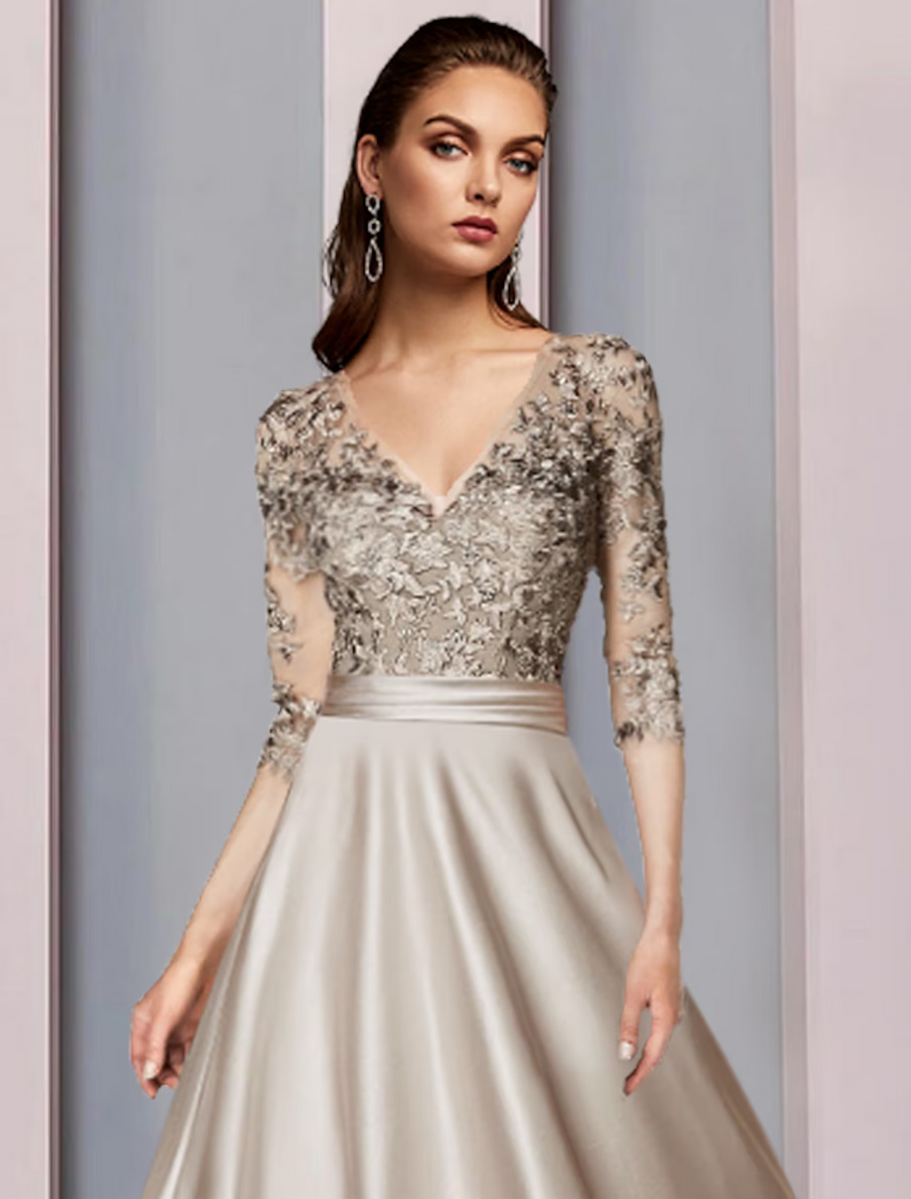 Mother of the Bride Dress Wedding Guest Elegant V Neck Length Half Sleeve with Pleats Appliques