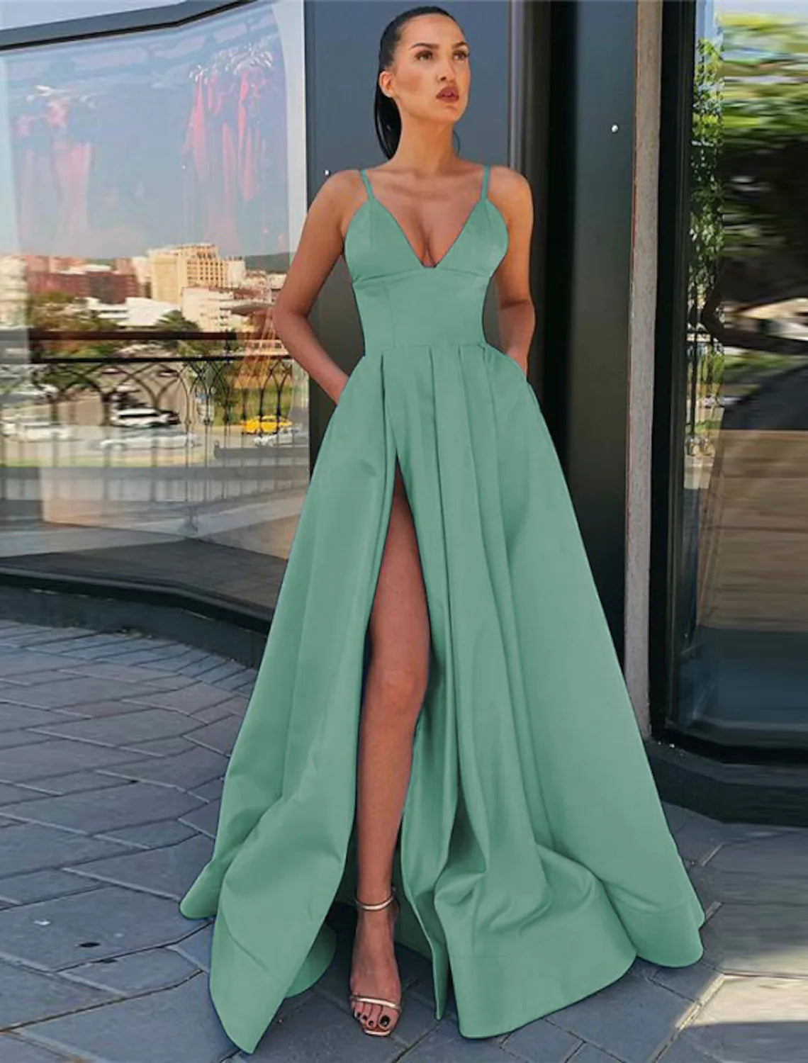 Prom Dress High Split Evening Dress Formal Birthday Sleeveless with Pleats Split Front