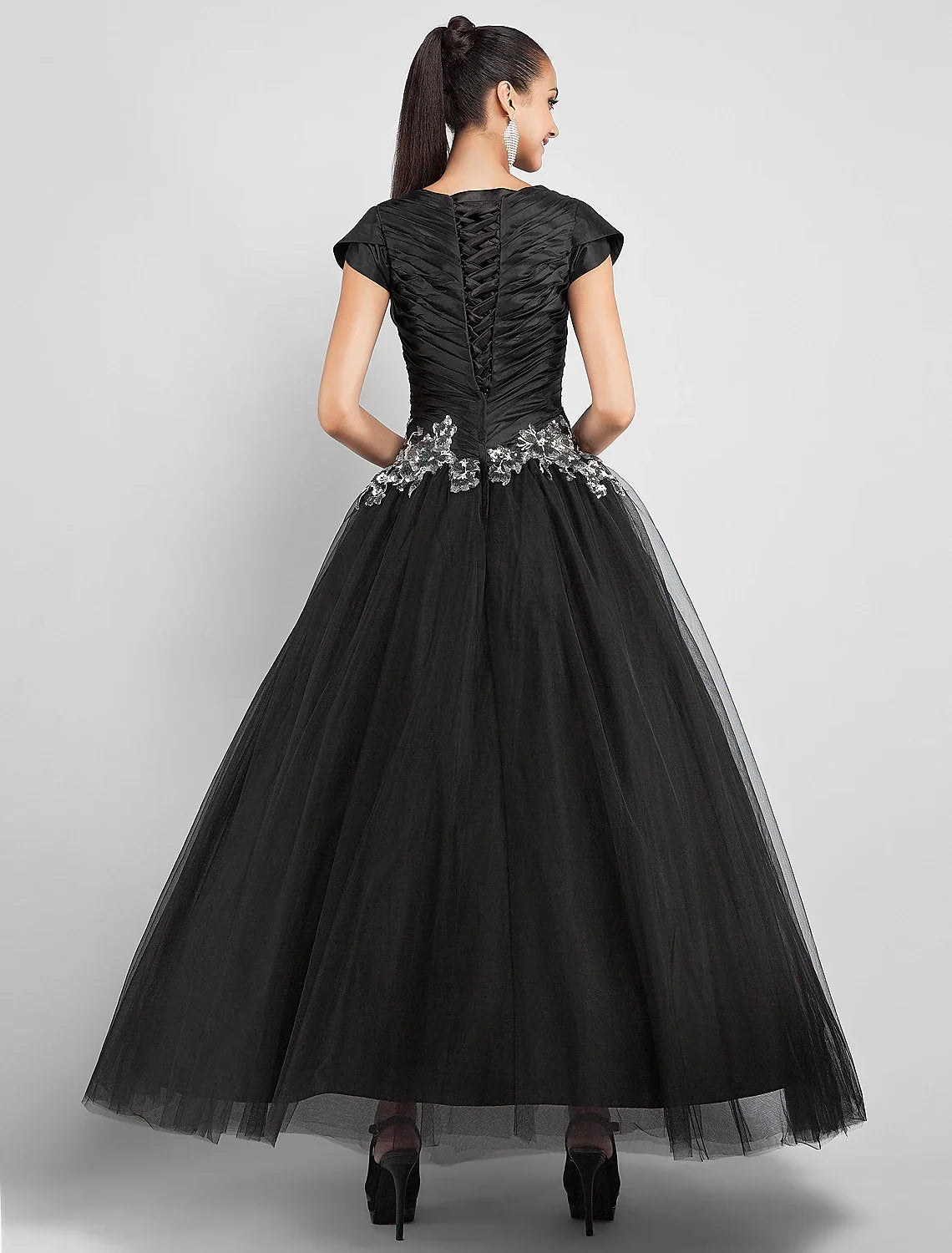 Black Ball Gown Little Dress Dress Prom Formal Evening Ankle Length Short Sleeve Jewel Neck Taffeta with Appliques Side Draping