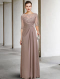 Mother of the Bride Dress Plus Size Elegant Jewel Neck Floor Length Short Sleeve with Appliques Side-Draped
