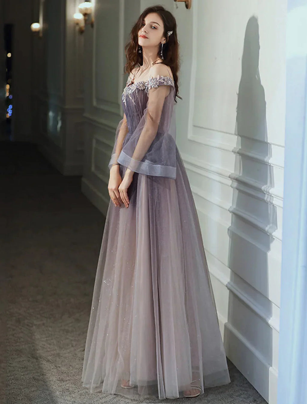 Minimalist Elegant Party Wear Prom Dress Off Shoulder Long Sleeve Floor Length with Appliques