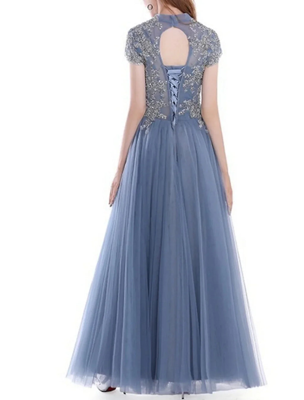 Evening Gown Vintage Dress Quinceanera Wedding Guest Floor Length Short Sleeve High Neck with Pleats Appliques