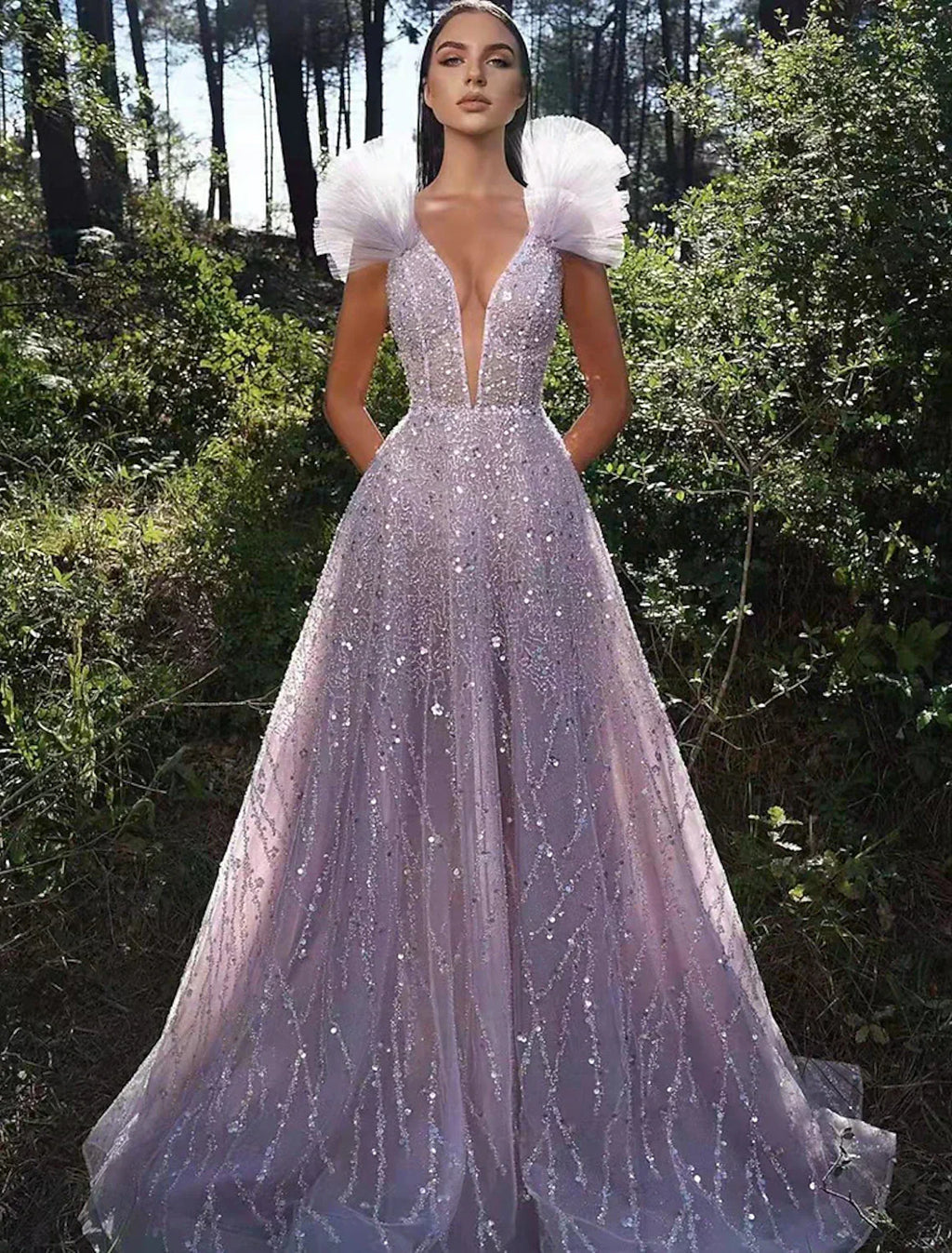 Sparkle & Shine Dress Formal Wedding Party Floor Length Sleeveless V Neck Backless