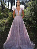 Sparkle & Shine Dress Formal Wedding Party Floor Length Sleeveless V Neck Backless