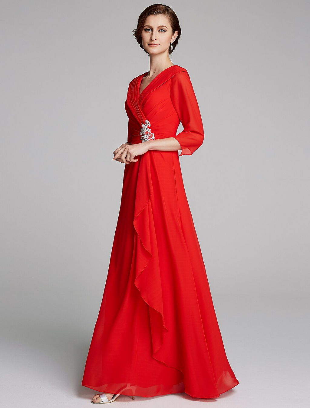 Mother of the Bride Dress Elegant V Neck Floor Length Half Sleeve with Pleats Appliques