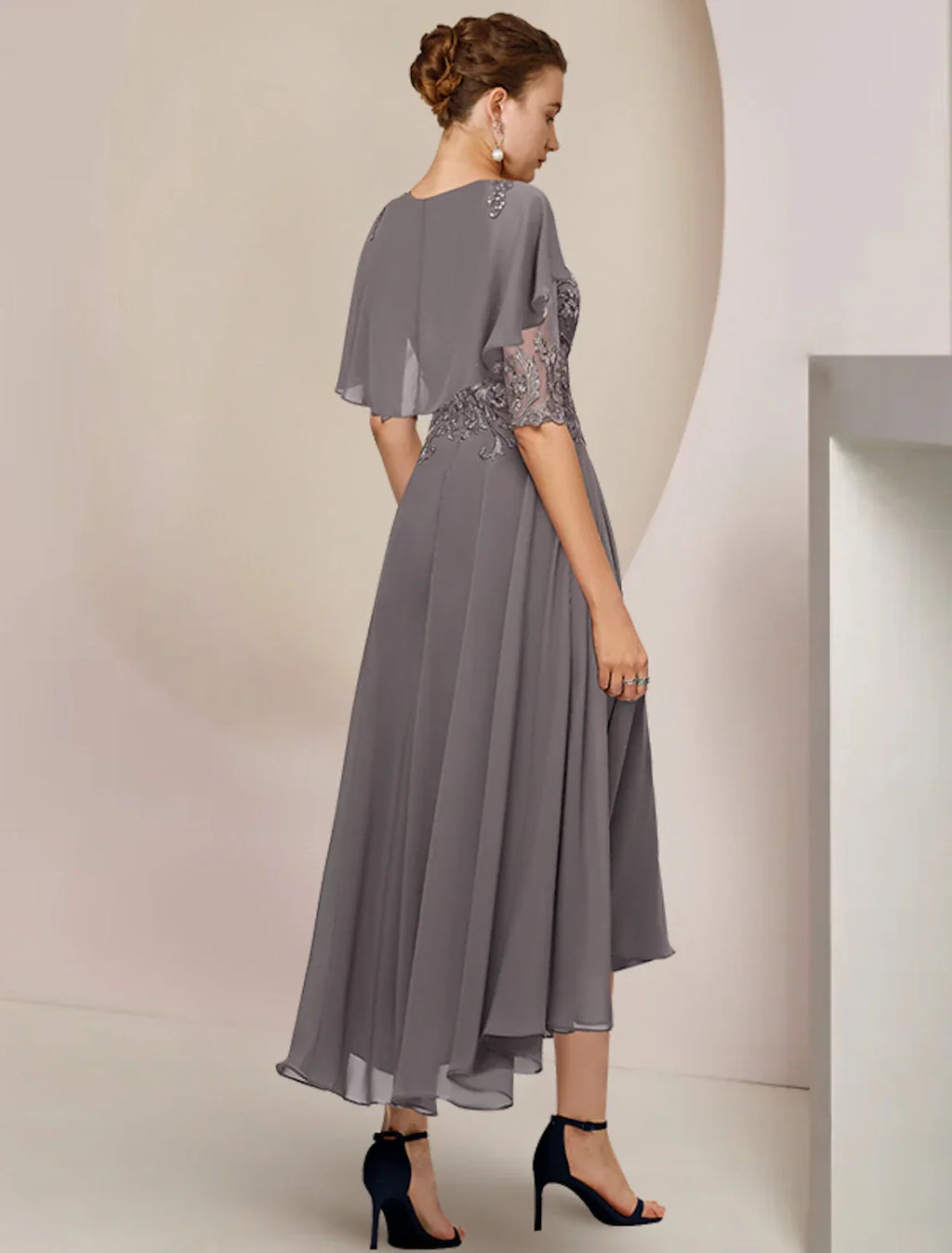 Mother of the Bride Dress Formal Fall Wedding Guest Elegant Scoop Neck Asymmetrical Tea Length Half Sleeve with Beading Appliques