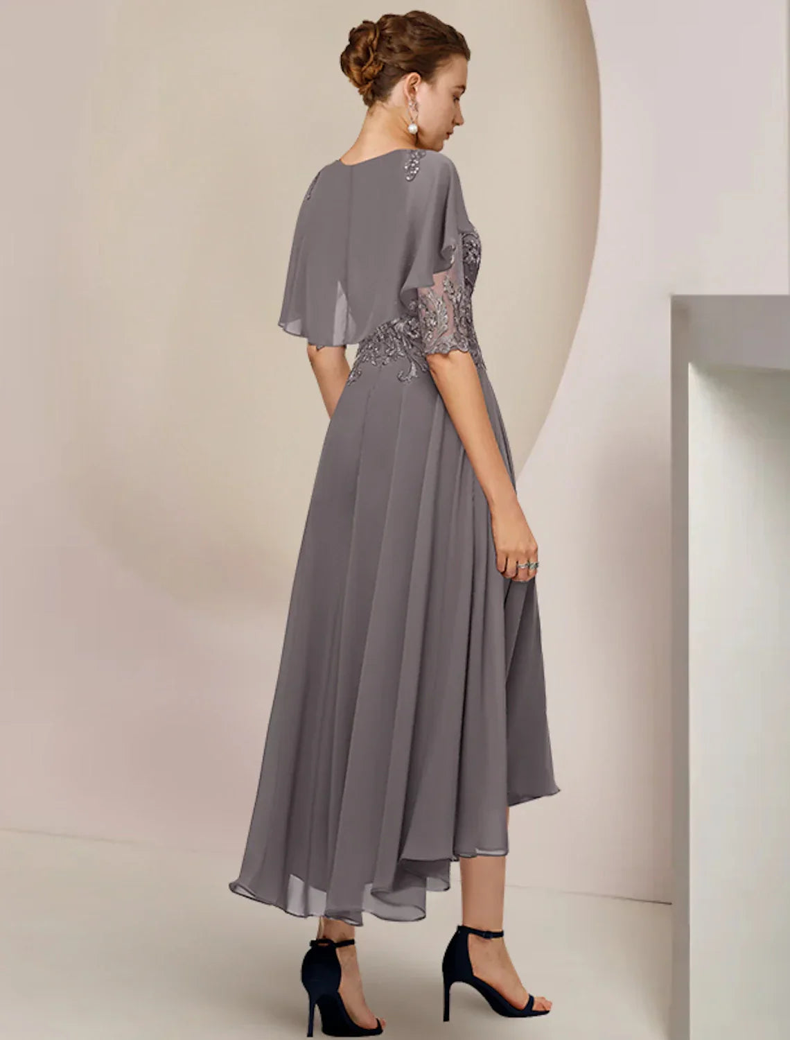 Mother of the Bride Dress Formal Fall Wedding Guest Elegant Scoop Neck Asymmetrical Tea Length Half Sleeve with Beading Appliques