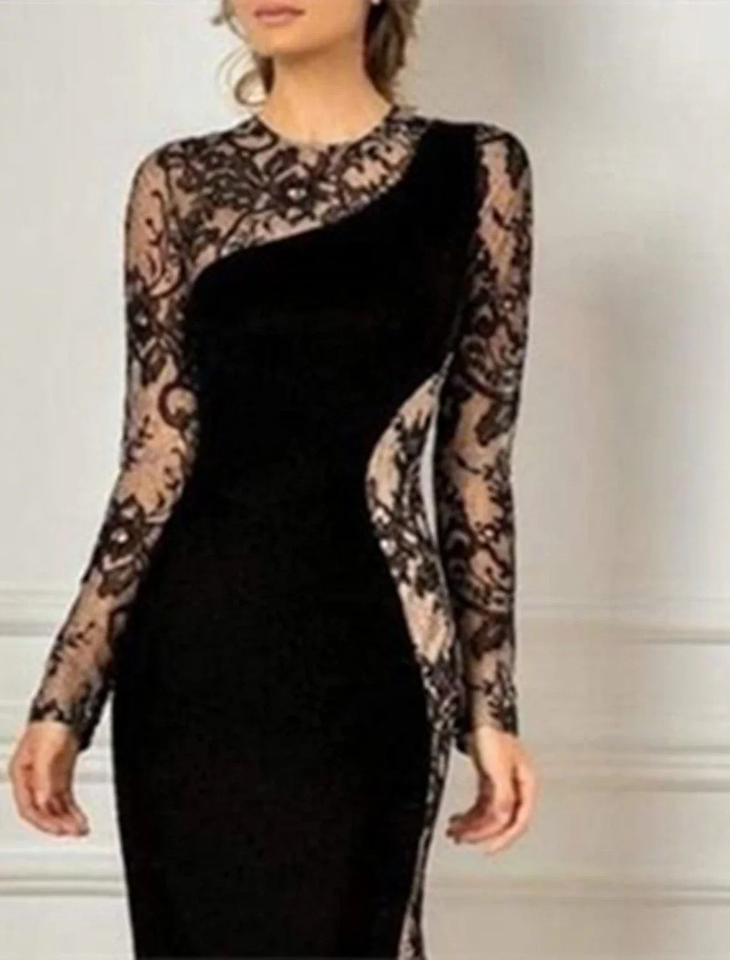Mermaid / Trumpet Mother of the Bride Dress Fall Wedding Guest Party Elegant Jewel Neck Floor Length Long Sleeve No with Appliques Color Block