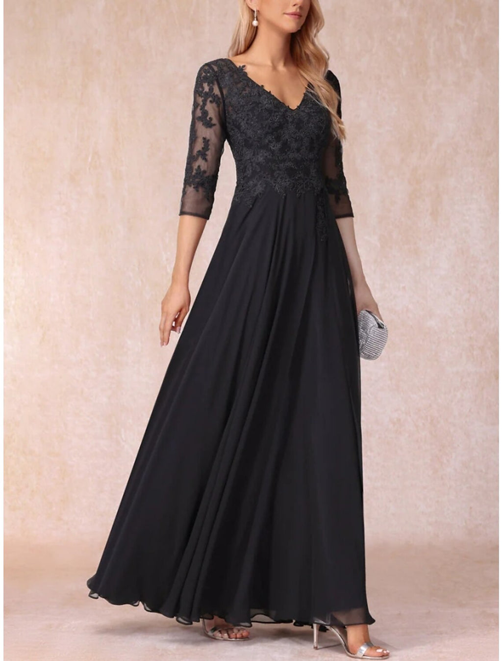 Mother of the Bride Dress Wedding Guest Elegant V Neck Floor Length 3/4 Length Sleeve with Ruching Solid Color