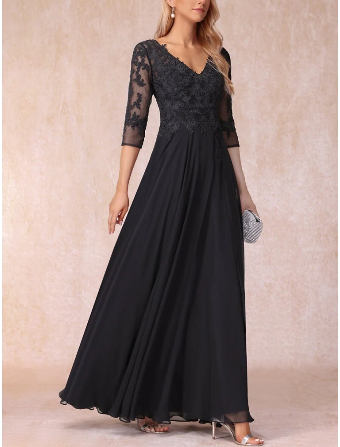 Mother of the Bride Dress Wedding Guest Elegant V Neck Floor Length 3/4 Length Sleeve with Ruching Solid Color