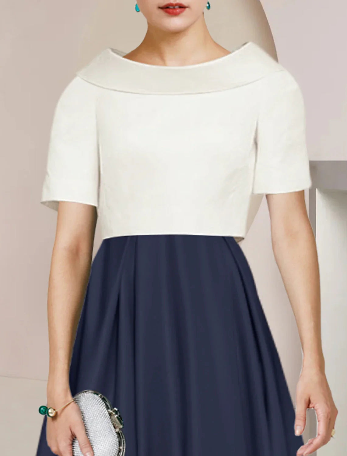 Mother of the Bride Dress Formal Wedding Guest Party Elegant Scoop Neck Tea Length Short Sleeve with Pleats Color Block