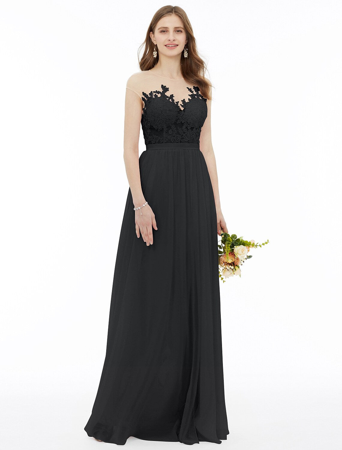 Bridesmaid Dress Sleeveless Floor Length Floral Sash Ribbon Appliques