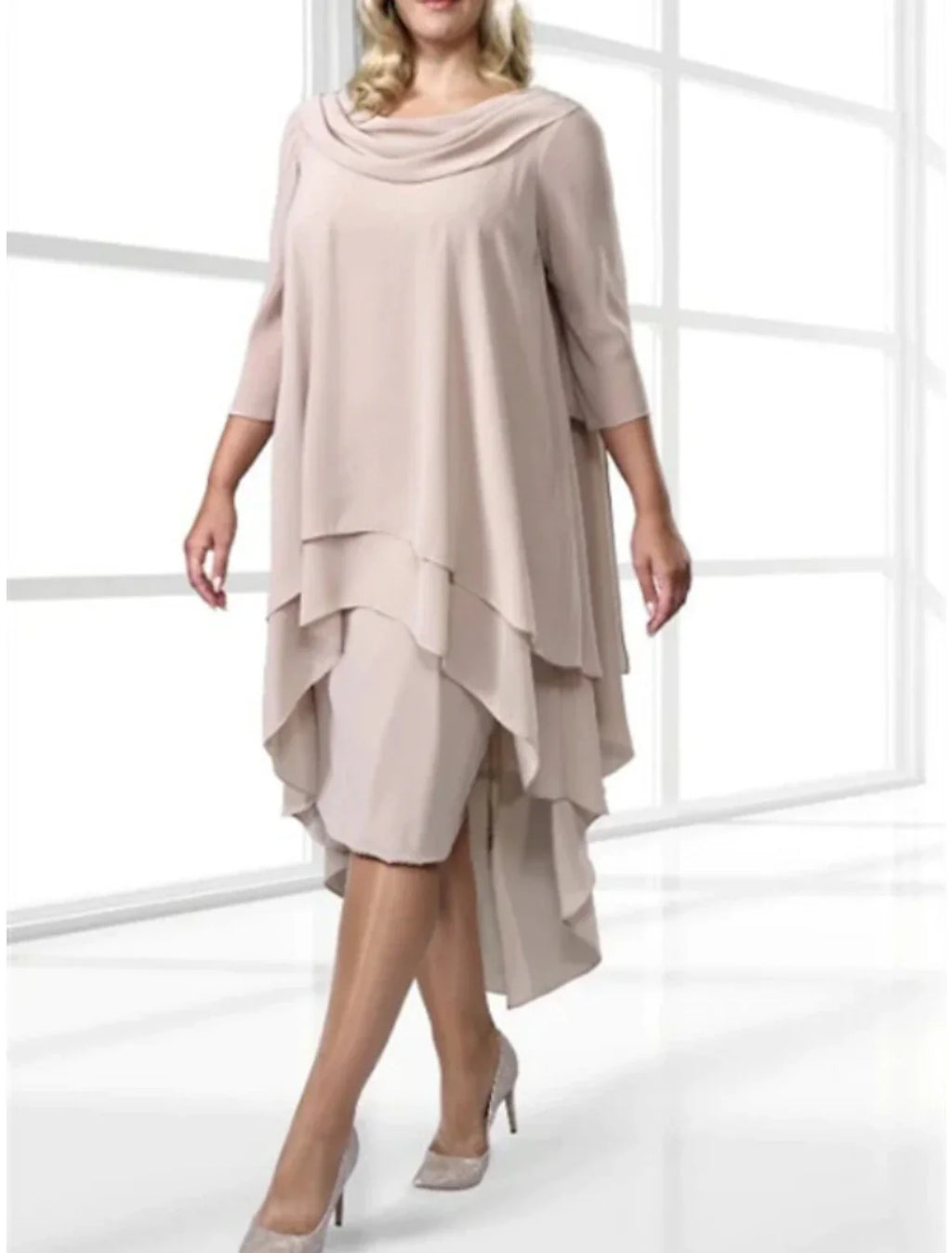 Sheath / Column Mother of the Bride Dress Wedding Guest Simple Scoop Neck Asymmetrical 3/4 Length Sleeve with Ruching Solid Color