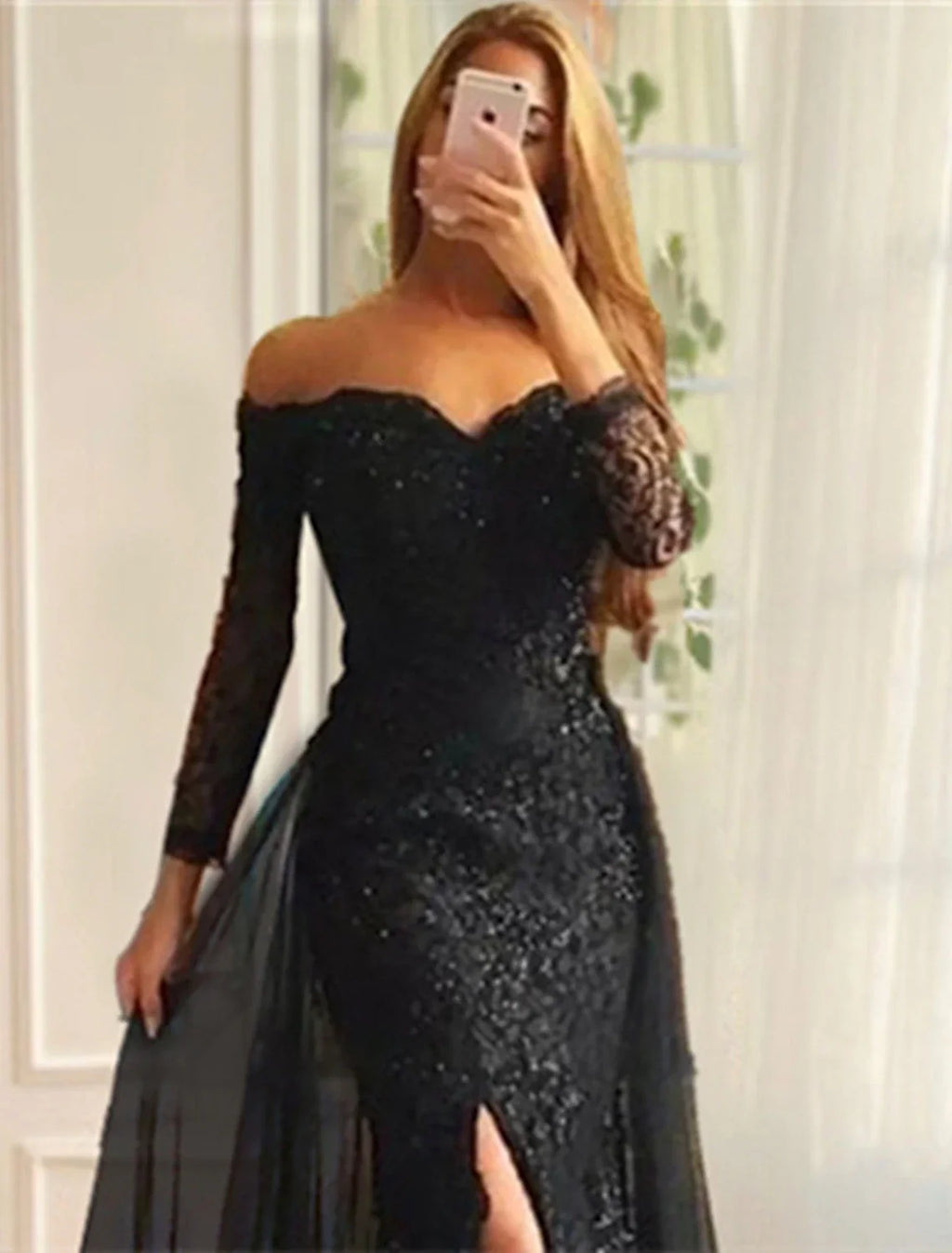 Mermaid / Trumpet Evening Gown Floral Dress Formal Sweep / Brush Train Long Sleeve Off Shoulder with Slit Appliques