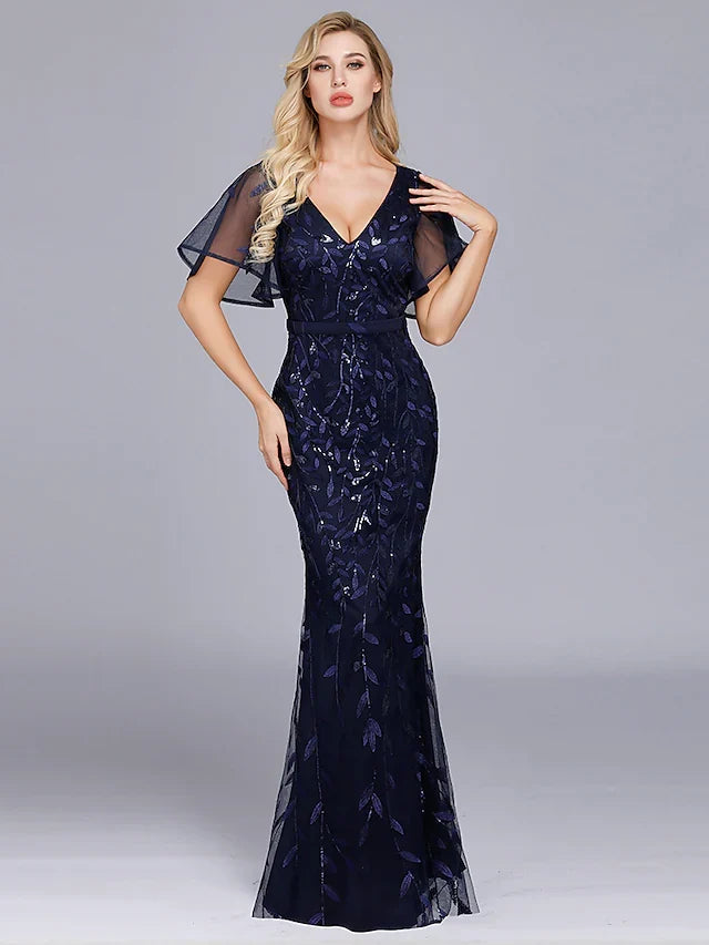 Evening Gown Dress Party Wear Floor Length Short Sleeve with Ruffles Embroidery