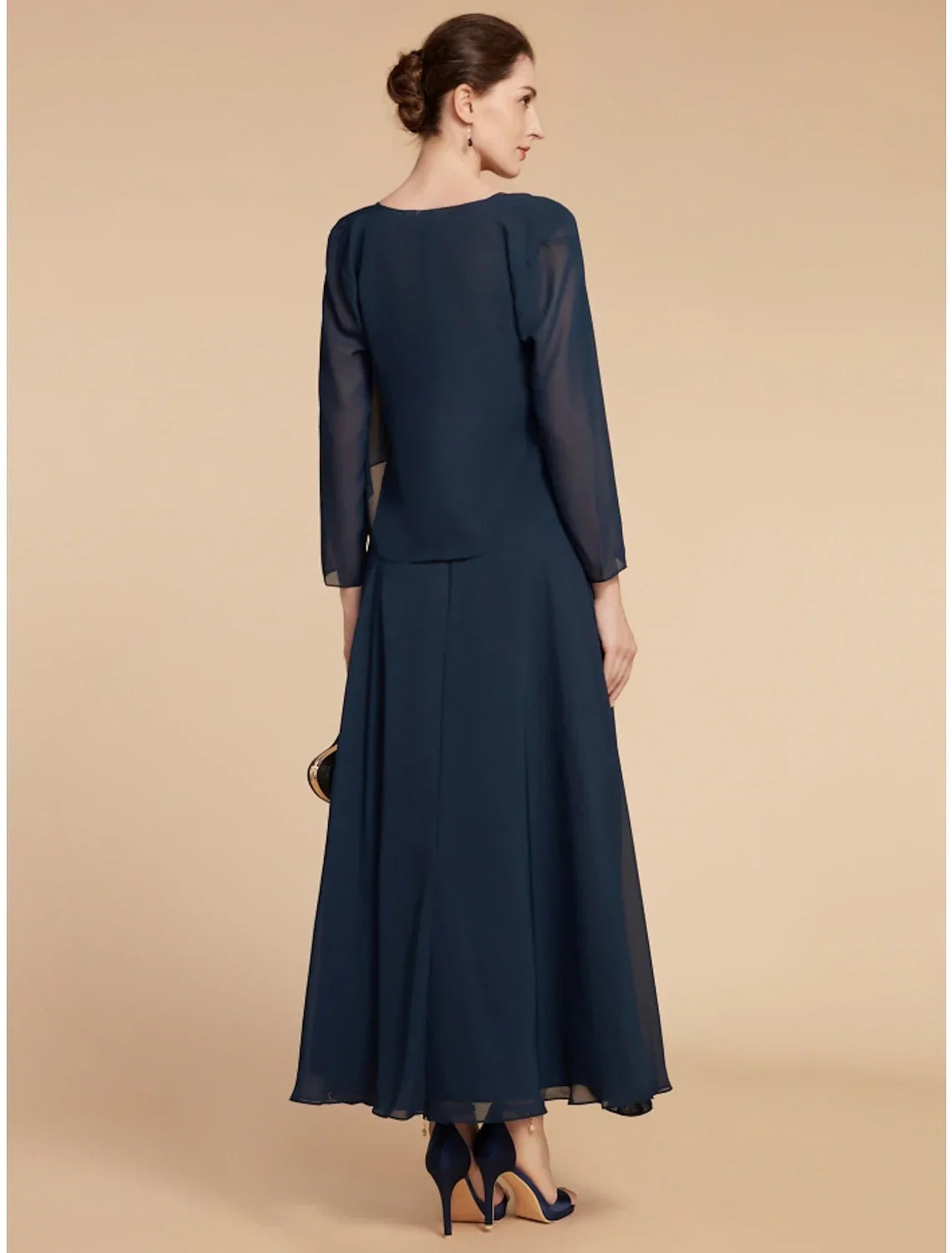 Mother of the Bride Dress Wedding Guest Elegant Jewel Neck Ankle Length Long Sleeve with Ruching Solid Color