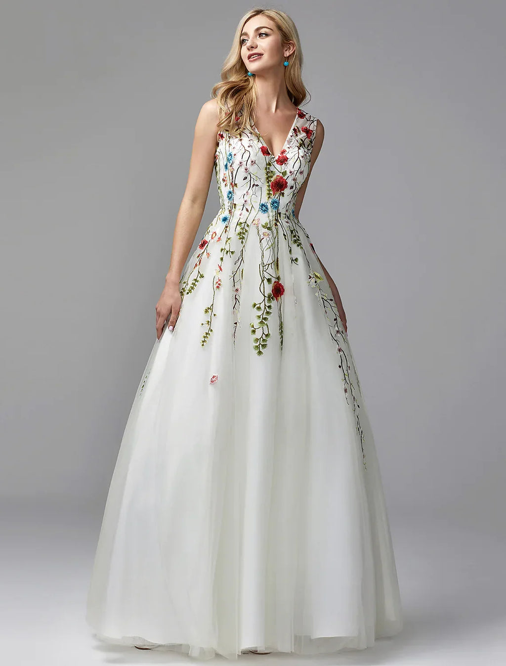 Floor Length Sleeveless V Neck with Embroidery Appliques