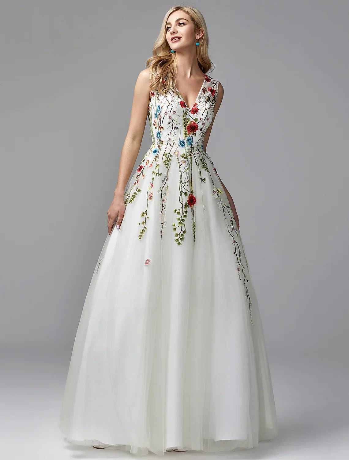 Floor Length Sleeveless V Neck with Embroidery Appliques