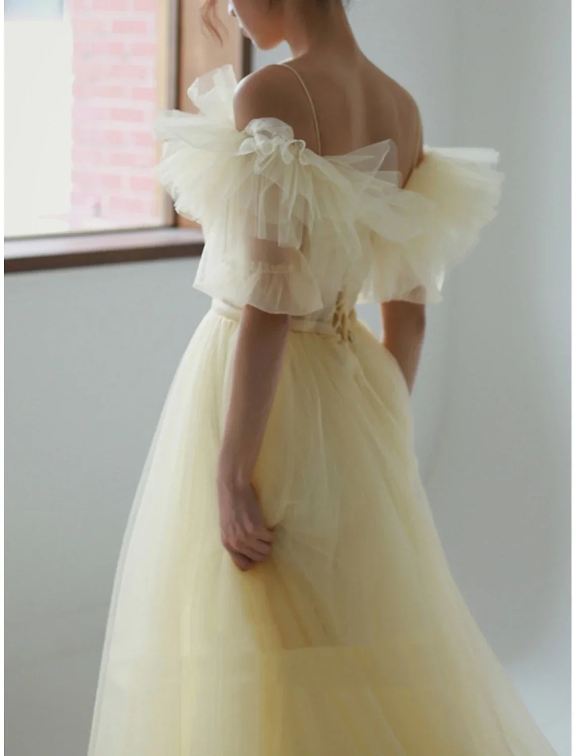 Evening Gown Elegant Dress Formal Sweep / Brush Train Short Sleeve V Neck with Pleats Ruffles