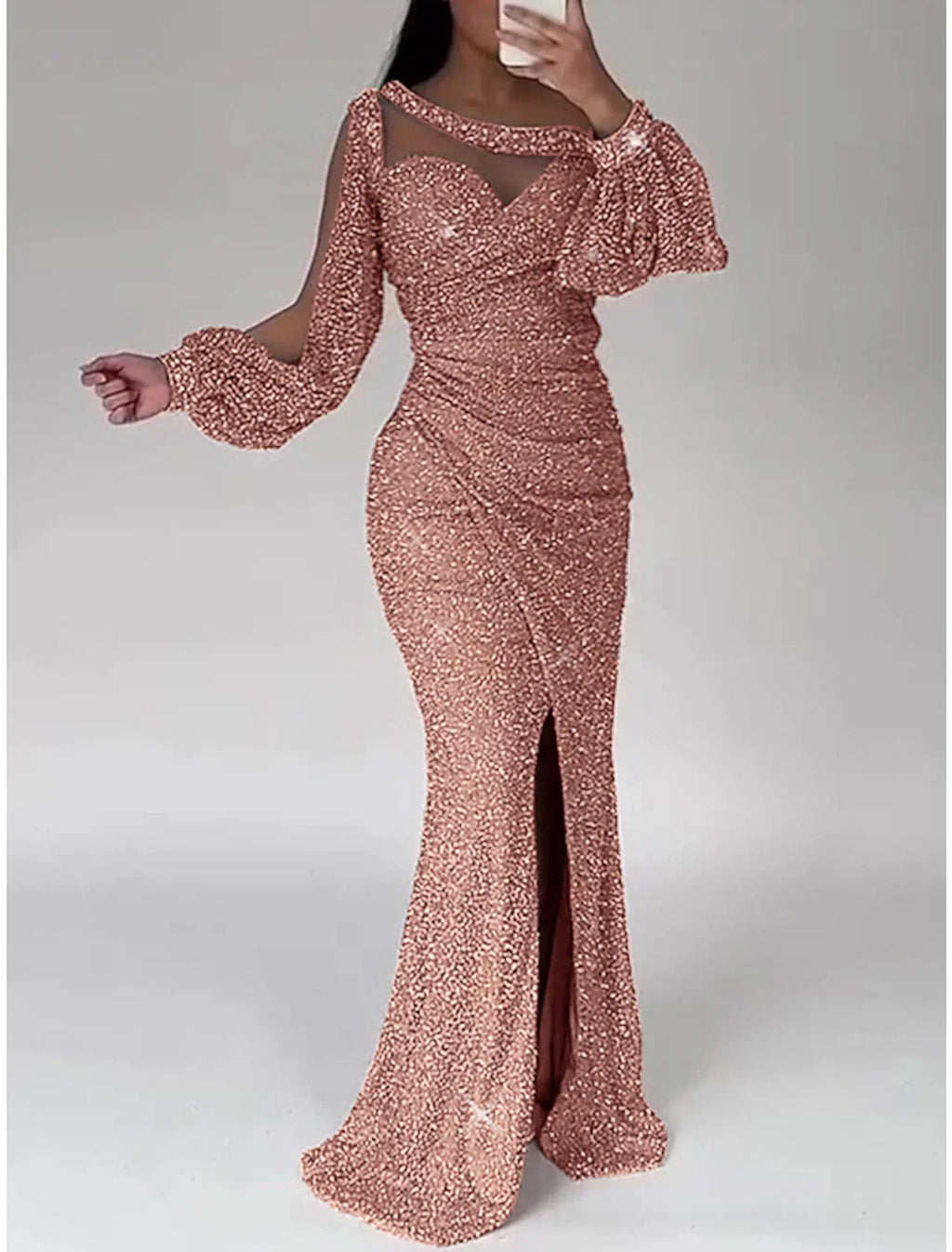 Green Mermaid Dress Evening Gown Christmas Red Dress Formal Sweep / Brush Train Long Sleeve Scoop Neck with Glitter Ruched Slit