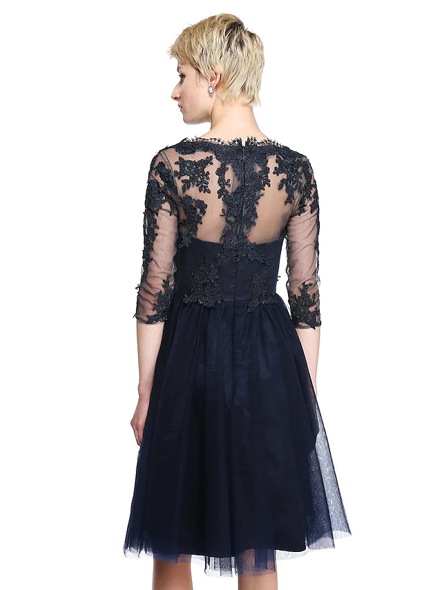 Bridesmaid Dress Bateau Neck 3/4 Length Sleeve See Through Knee Length / with Appliques
