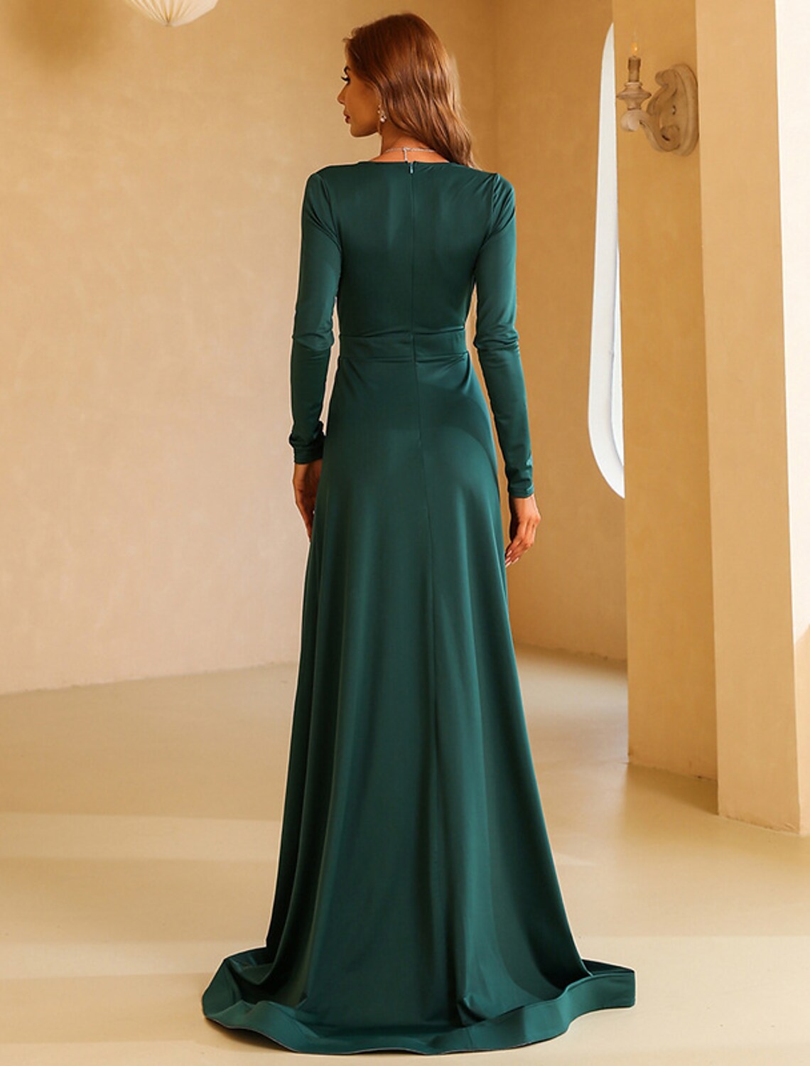 Evening Gown Vintage Dress Engagement Long Sleeve V Neck with Slit