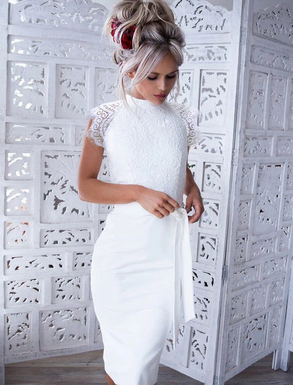 White Women's Bodycon Knee Length Dress Sleeveless Solid Color up Round Neck Elegant Cocktail Party