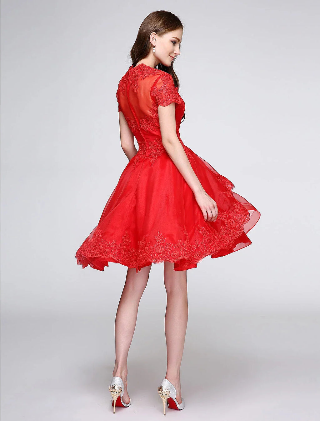 Ball Gown Cute Dress Cocktail Party Knee Length Short Sleeve Plunging Neck with Buttons Appliques