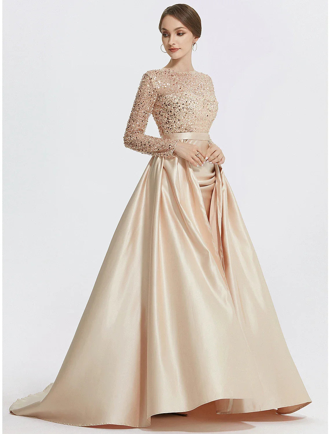 Mermaid / Trumpet Evening Gown Elegant Dress Formal Prom Floor Length Long Sleeve Jewel Neck with Glitter