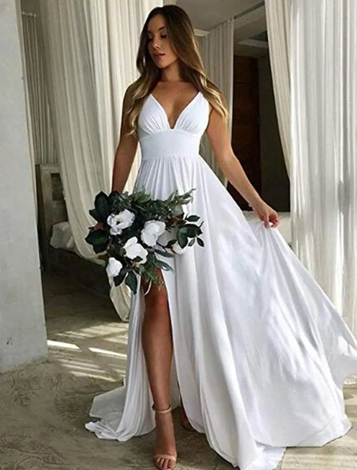 Bridesmaid Dress Sleeveless Floor Length Pleats Split Front