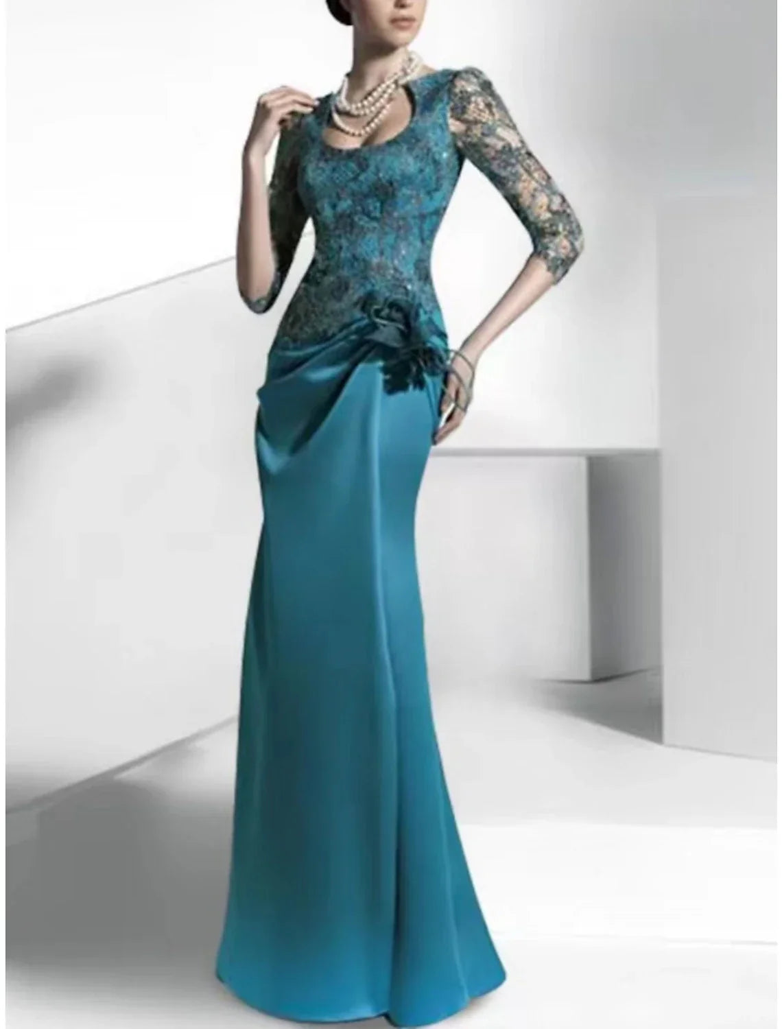 Sheath / Column Mother of the Bride Dress Party Elegant Scoop Neck Floor Length Half Sleeve with Appliques Ruching