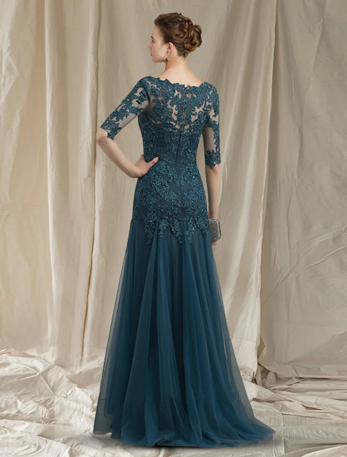 Mother of the Bride Dress Elegant V Neck Train Half Sleeve No with Ruffles Appliques