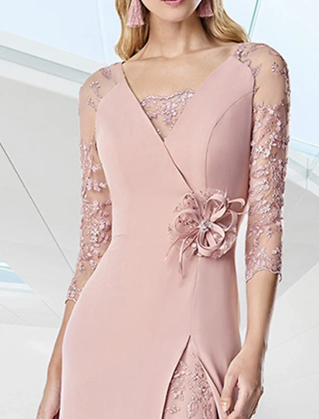 Evening Gown Elegant Dress Formal Floor Length 3/4 Length Sleeve V Neck Fall Wedding Guest with Embroidery