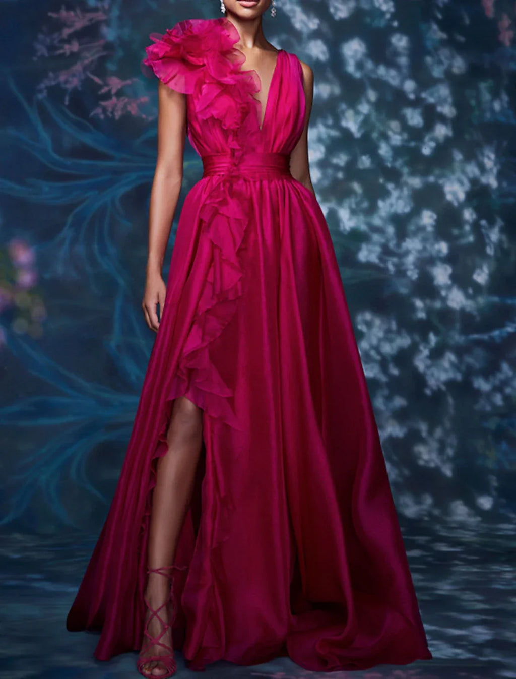 Evening Gown Celebrity Style Dress Formal Wedding Guest Floor Length Sleeveless V Neck