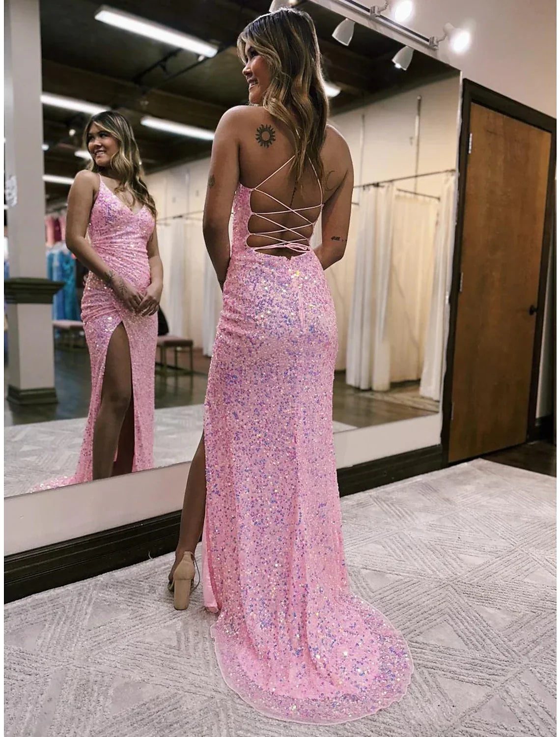 Mermaid / Trumpet Prom Dresses Sparkle & Shine Dress Formal Sweep / Brush Train Sleeveless V Neck Backless with Slit