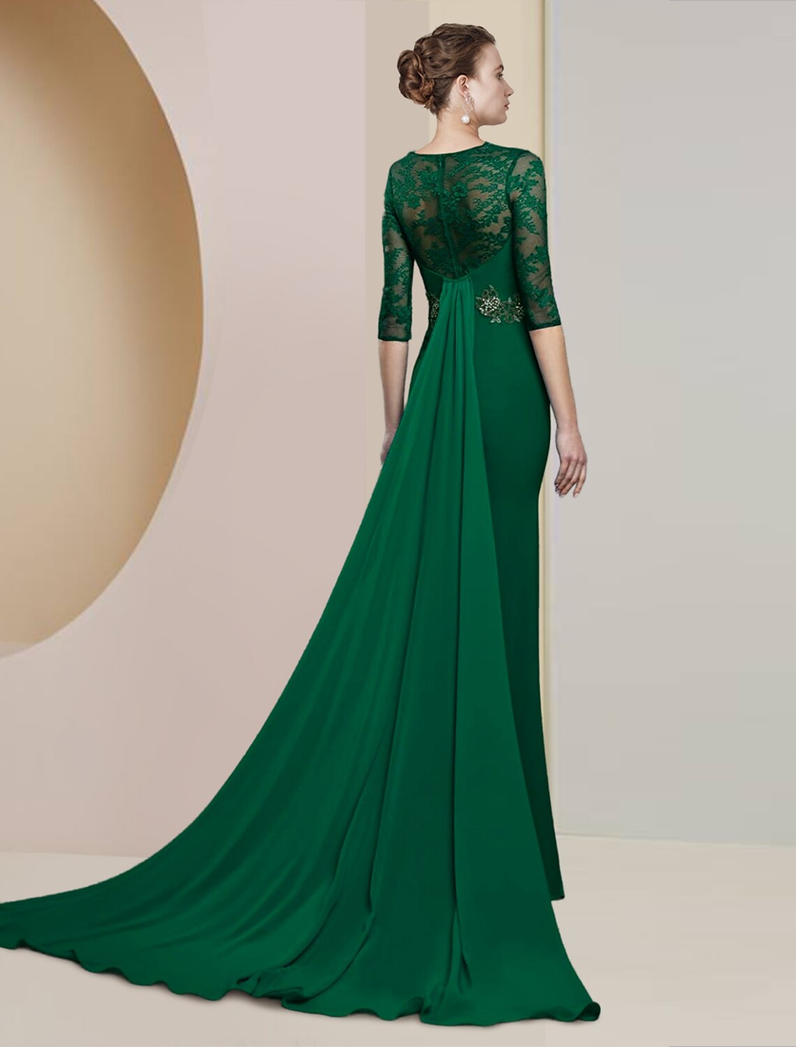 Sheath / Column Mother of the Bride Dress Formal Wedding Guest Elegant Scoop Neck Floor Length Half Sleeve with Appliques