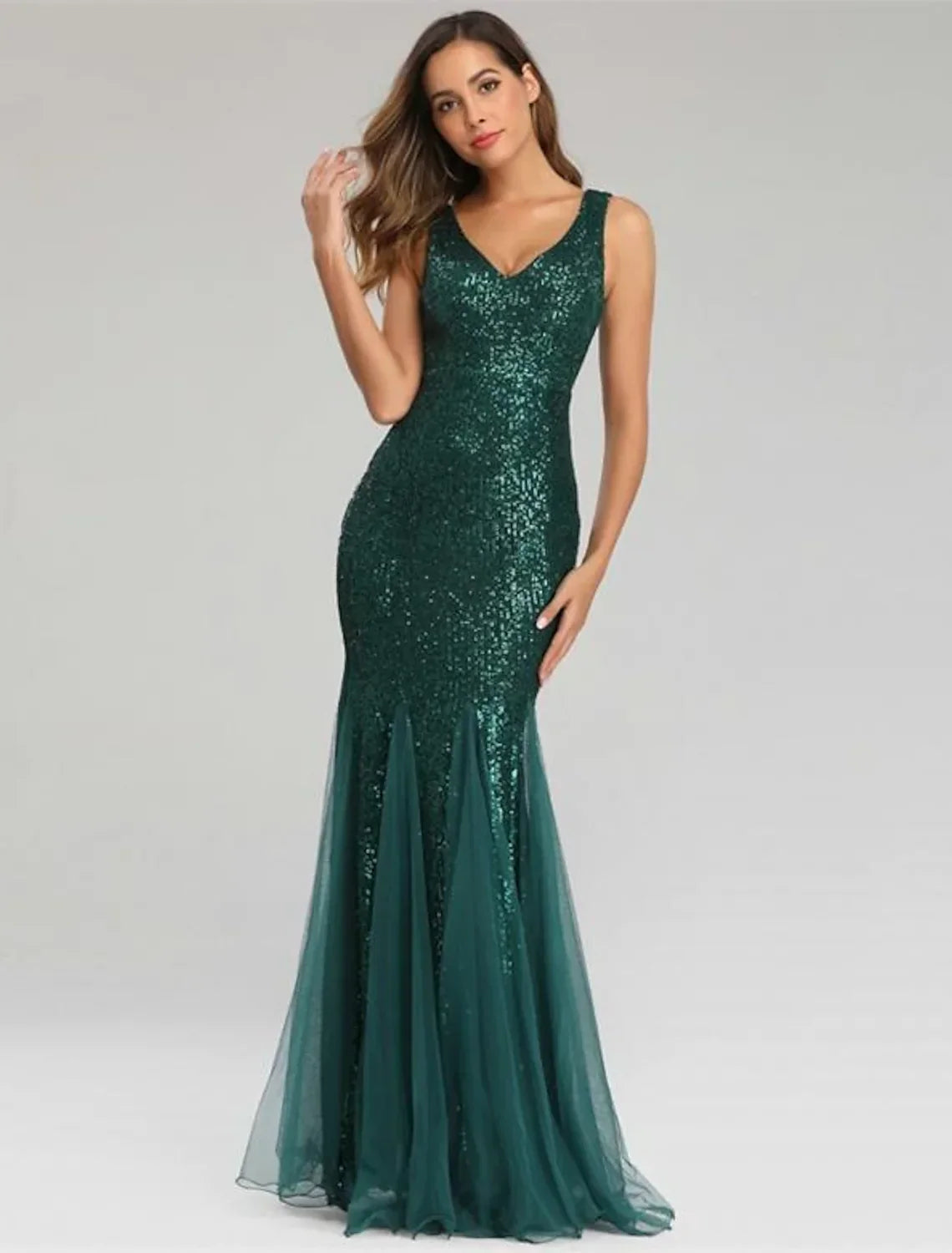 Sparkle Sexy Party Wear Formal Evening Dress V Neck Sleeveless Floor Length